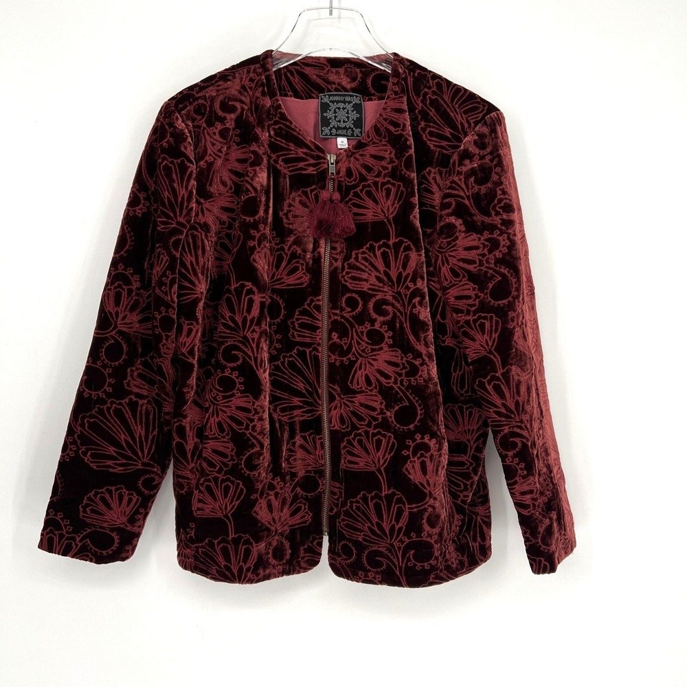 Johnny Was Jacket Womens M Red Velvet‎ Floral Embroidered Quilted Boho Western